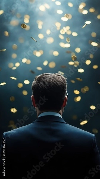 Fototapeta A businessman stands in awe, surrounded by shimmering gold coins falling from above, capturing a moment of opportunity and success.