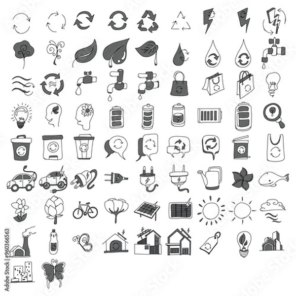 Fototapeta Ecology Related Doodle vector icon set. Drawing sketch illustration hand drawn line eps10