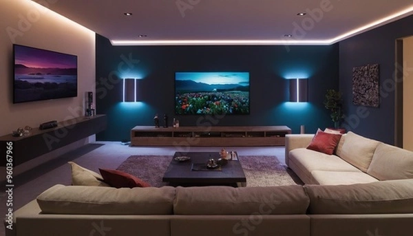 Fototapeta Beautiful Modern Living room Interior with furnitures mockup frame posters wall 3d Rendering 47