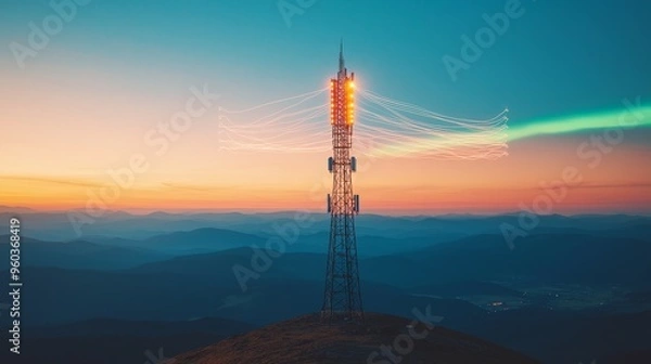 Fototapeta A rocket stands tall on a mountain peak, bathed in the warm glow of a sunrise, with a trail of smoke and light streaming across the sky.