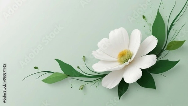 Fototapeta Delicate white flower with green leaves on a soft green background.