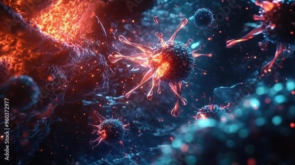 Obraz A stunning close-up of virus particles in vibrant colors, showcasing the intricate details and scientific beauty of microbial life.