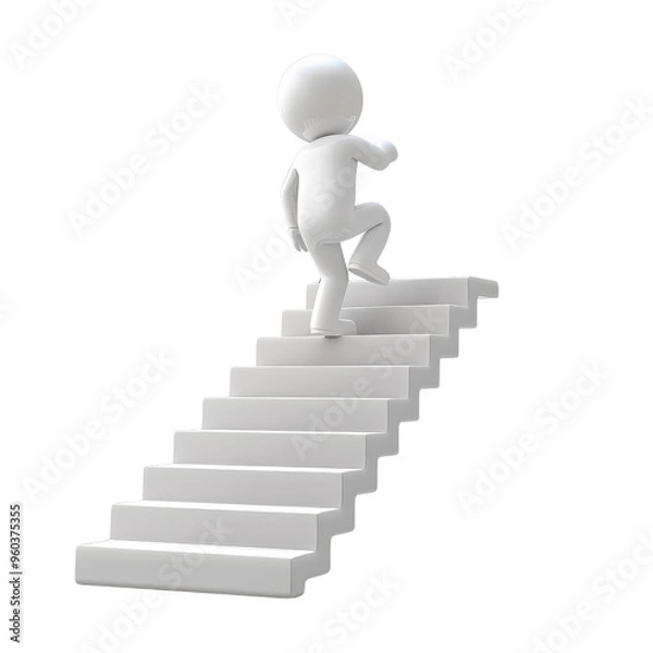 Obraz A 3D character climbing a staircase, symbolizing progress and determination in a minimalistic style. Perfect for motivational concepts.