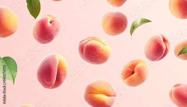 Fototapeta Soaring peaches create a vibrant atmosphere in a soft peach backdrop, showcasing a delightful fruit and vegetable background.