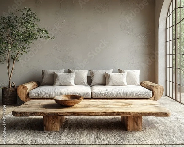 Fototapeta Serene Contemporary Grey Living Room with Minimalist Decor including Low-Profile Sofa and Simple Wooden Table