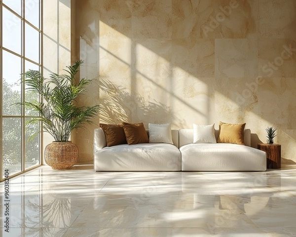 Fototapeta Serene Minimalism in Light-Toned Living Room with White Sofa and Chic Decor
