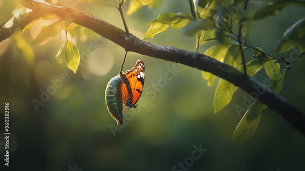 Fototapeta Butterfly Emerging From Chrysalis On Branch