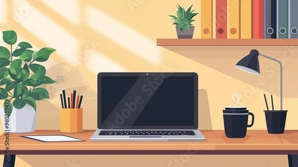 Obraz Remote work setup, home office with laptop and coffee, flat design illustration
