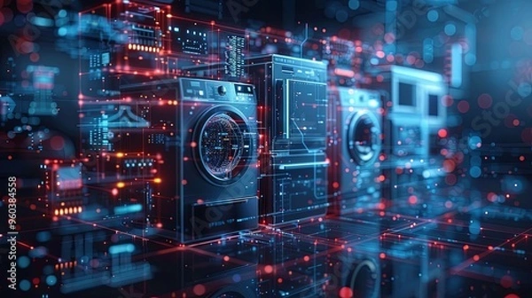Fototapeta Front view of smart appliances on black background. Internet of Things and home automation concept. Consumer products. 3D rendering image