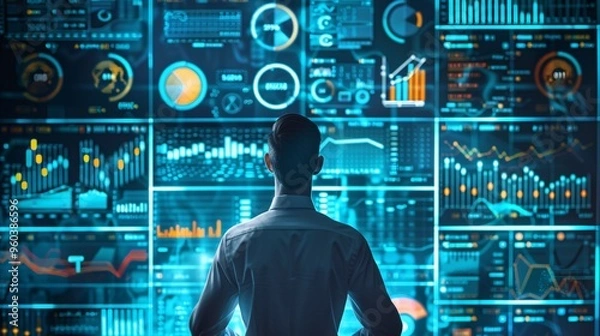 Obraz Businessman Analyzing Data on Multiple Screens