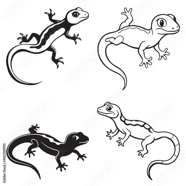 Obraz 3d rendering of dynamic gecko silhouette line art. generative AI