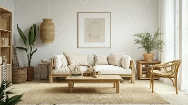 Fototapeta A cozy living room with white walls, wooden flooring, and natural wood furniture, creating a warm and inviting atmosphere