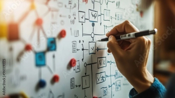 Obraz create a flowchart on a whiteboard for strategic thinking concept to achieve success, showcasing a hand-drawn illustration