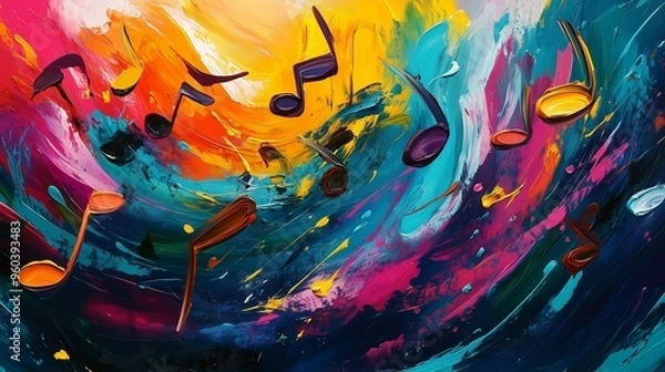 Fototapeta Musical Notes in a color splash on a colorful background