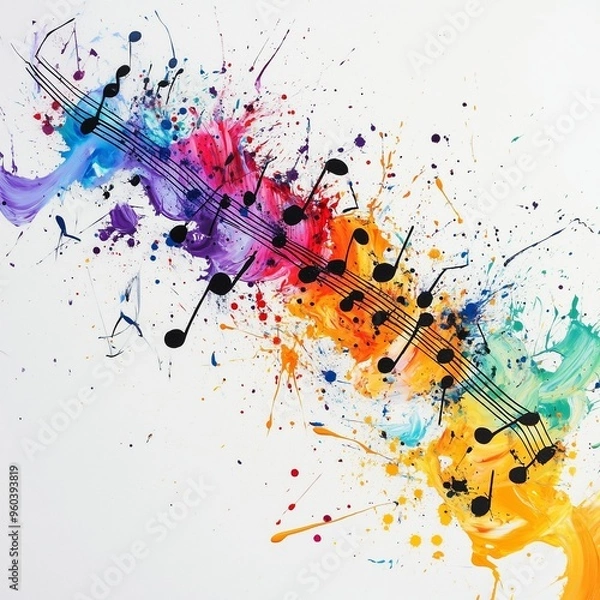 Fototapeta Musical Notes in a color splash on a white background