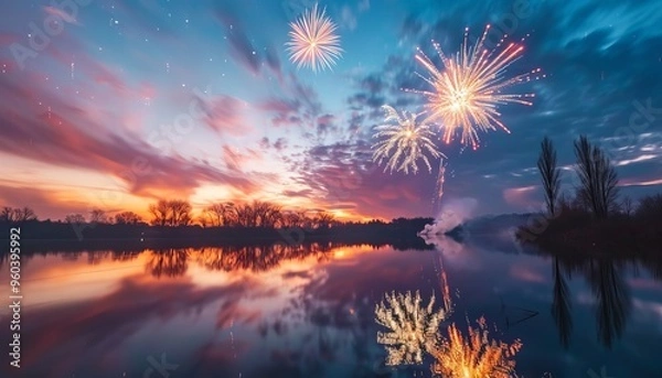Fototapeta Stunning Evening Spectacle: Colorful Holiday Fireworks Dancing Across the Sky