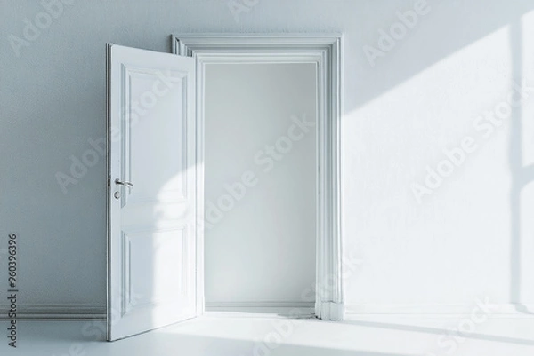 Fototapeta A white door, open and isolated against a white background