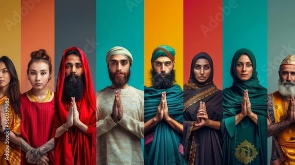 Fototapeta group of people from different religions and cultures divided into colors
