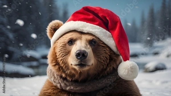 Obraz A bear in a Santa hat during the winter months
