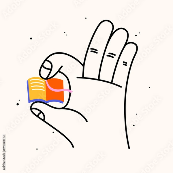 Fototapeta Hand holding school stuff. Hand draw flat vector illustration with the big hand with the colorful book. Trendy isolated illustration, education concept.