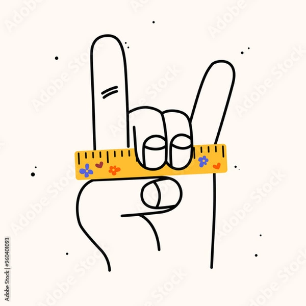 Fototapeta Hand holding school stuff. Hand draw flat vector illustration with the big hand with the colorful ruler. Trendy isolated illustration, education concept.