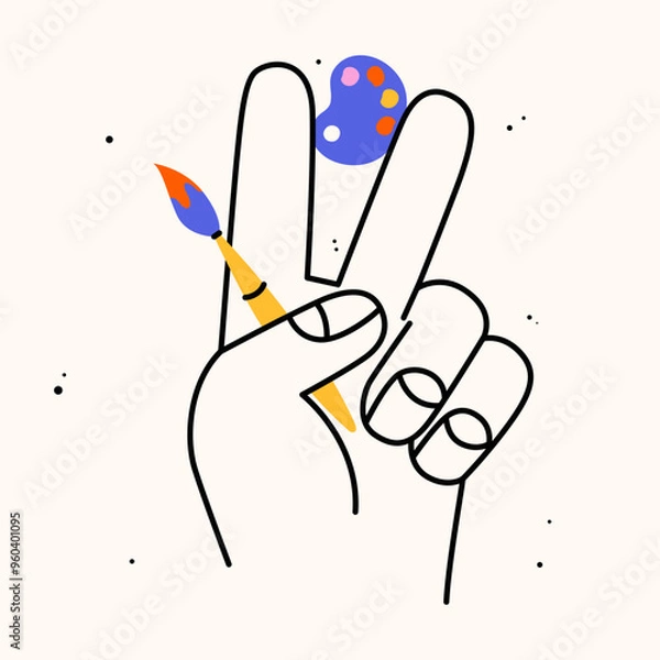 Fototapeta Hand holding school stuff. Hand draw flat vector illustration with the big hand with the colorful brush and palette. Trendy isolated illustration, education concept.