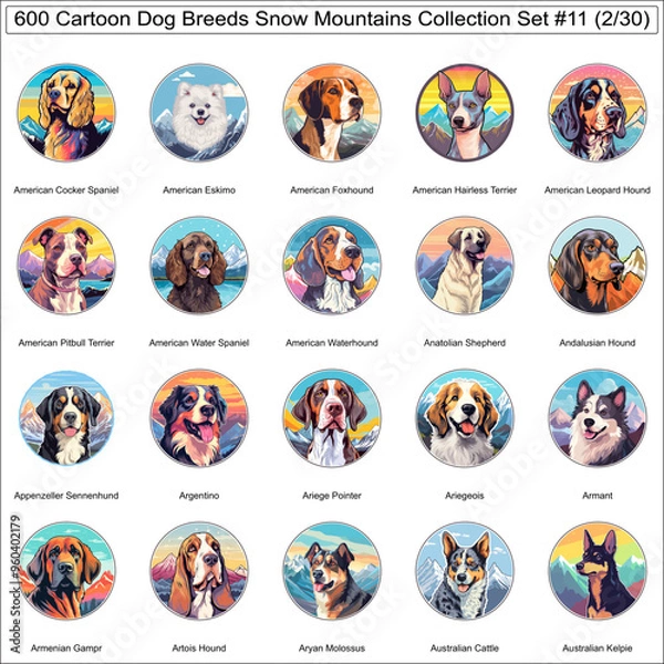 Fototapeta Dog Breeds Cartoon Characters Snow Mountains Bundle Collection Set 11 of 600 Dog Faces Isolated Part 2
