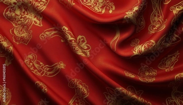 Fototapeta A rich red fabric with intricate golden patterns, often used in traditional decor or clothing.