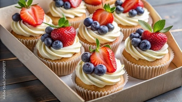 Fototapeta Close up of holiday cupcakes with strawberries and blueberries in a gift box, perfect for a sweet shop present
