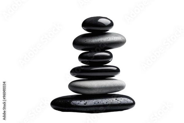 Obraz Black stones balancing atop each other, isolated against a transparent background, grayscale palette, shadow casting to suggest weight, minimalistic design, ultra clear