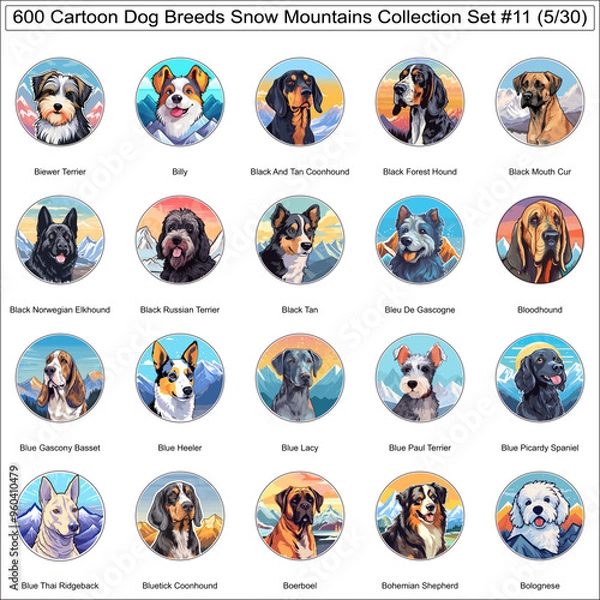 Fototapeta Dog Breeds Cartoon Characters Snow Mountains Bundle Collection Set 11 of 600 Dog Faces Isolated Part 5