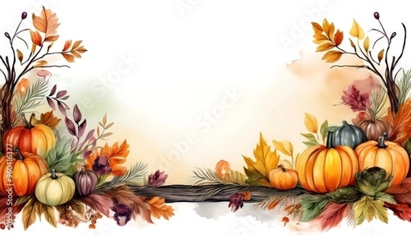 Fototapeta Autumn-themed horizontal border watercolor painting with a white background, an autumn color palette