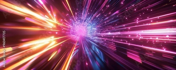 Fototapeta Vibrant light streaks in motion create an energetic and dynamic abstract background, perfect for digital art and design projects.