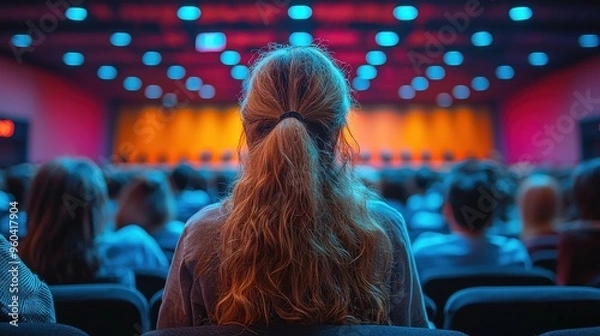 Fototapeta Engaged Seminar Attendees Listening to Experts Discuss Business Investments from Back View