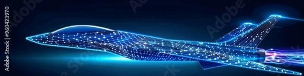 Fototapeta Digital high-speed fighter jet  in low poly wireframe, smart Advanced Military Technology,  ai aviation and defense systems, supersonic travel, Aerospace Engineering.

