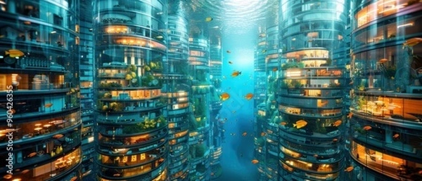 Fototapeta Futuristic Underwater Metropolis - Advanced Architecture and Marine Life in