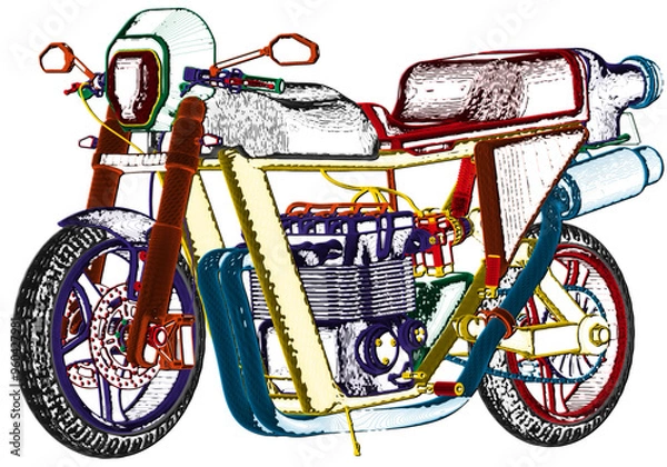 Fototapeta Multi-colored motorcycle on a white background. 