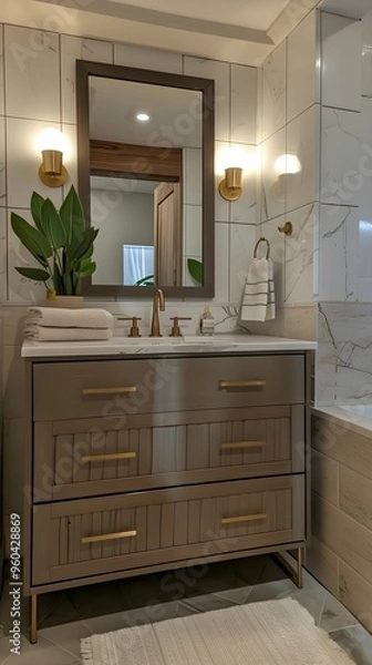 Fototapeta Bathroom remodel featuring gold accents and sleek vanity