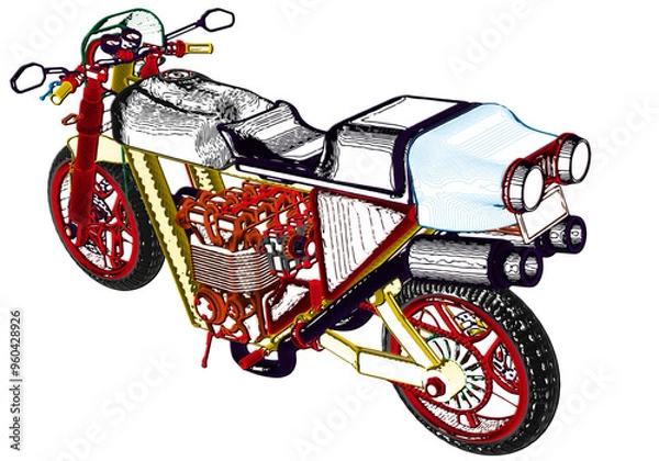 Fototapeta Multi-colored motorcycle on a white background. 