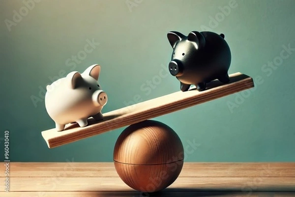 Obraz White and black piggy banks balancing on a seesaw, symbolizing financial balance and decisions
