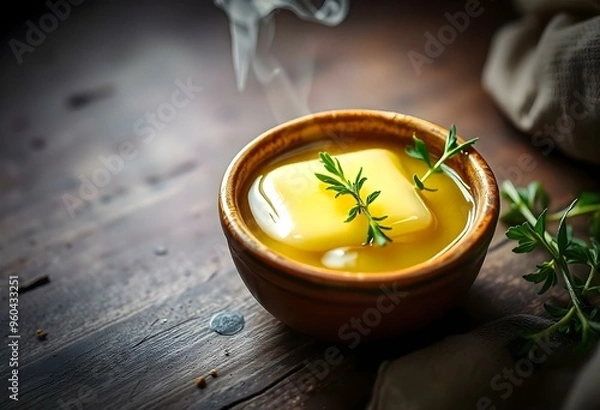 Fototapeta a rustic kitchen scene featuring melted butter in a small ceramic bowl create with ai