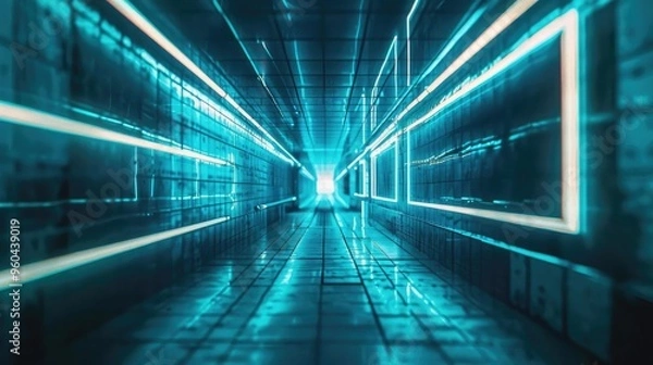 Fototapeta A futuristic corridor illuminated with vibrant blue neon lights, creating a mesmerizing visual experience.
