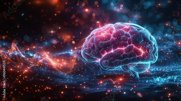 Fototapeta  Neuralink synaps neural network linking computer - human communication. Neuralink neural network is linking computer - human communication in a new dimension