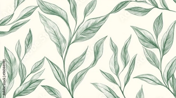 Obraz Hand-drawn green plant and leaf pattern in minimalist vintage botanical style for interior decor