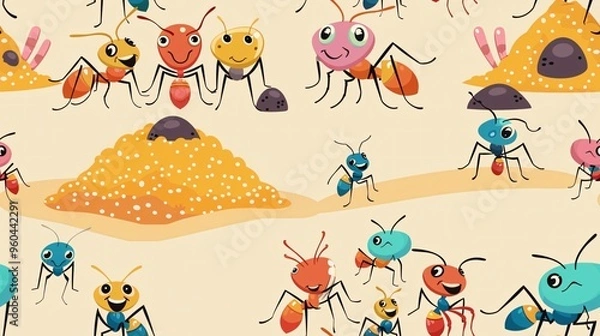 Fototapeta A colorful and playful seamless pattern featuring adorable cartoon ants in various poses. Perfect for enhancing the whimsy and charm of kids' room decor, clothing designs, or any other project.