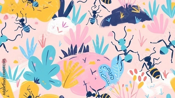 Fototapeta Colorful ant pattern. A vibrant and colorful illustration of a pattern featuring ants and various floral elements, showcasing a cheerful and playful aesthetic.