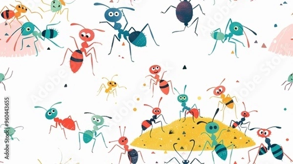 Fototapeta A vibrant illustration of colorful ants in various poses against a white background. The ants are drawn in a cartoonish style, with big eyes and smiles.