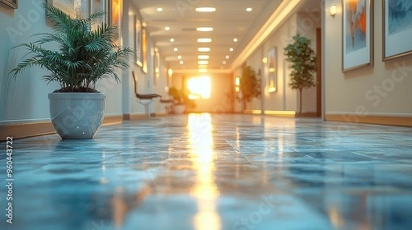 Fototapeta Serene Clinic Hallway with Soft Lighting and Pastel Colors for Relaxing Atmosphere