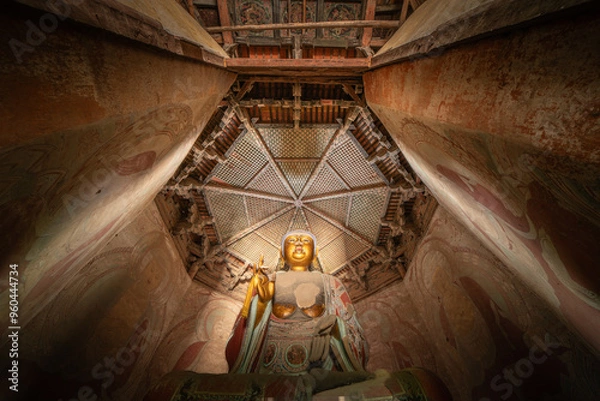 Fototapeta A large seated Buddha statue on the first floor of the wooden pagoda in Ying County, Shanxi Province, China