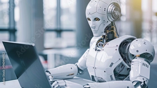 Fototapeta Futuristic Robot Working on Laptop